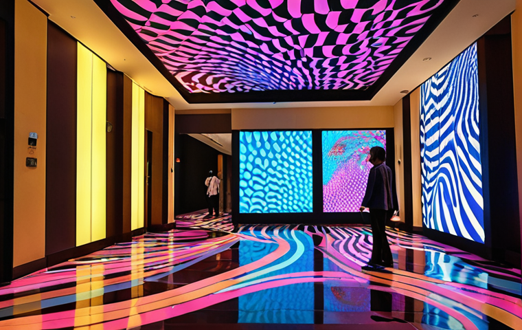 An elegant and dynamic lobby of a modern art hotel in Malaysia, where digital art projections continuously transform the walls and floor into a vibrant, ever-changing landscape of colors and abstract patterns. Guests are subtly interacting with the immersive environment, perhaps walking across a floor that appears as a flowing digital river or observing a wall-sized video installation that responds to movement. The atmosphere is sophisticated and inspiring, blending cutting-edge technology with artistic expression, highlighting the hotel as an interactive canvas.